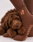 A golden doodle puppy curled up against a model's feet wearing The Doodle Grip Sock, showing the embroidered doodle design and paw-print grip soles