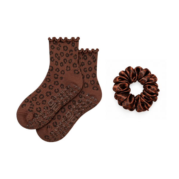 Leopard Grip Sock + Silk Scrunchie Set