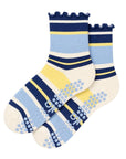 Blueberry lemon striped grip socks in navy, blue and yellow with ruffle cuff and grip sole