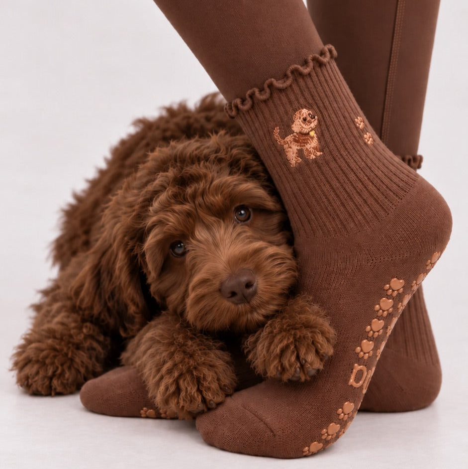 A golden doodle puppy curled up against a model's feet wearing The Doodle Grip Sock, showing the embroidered doodle design and paw-print grip soles