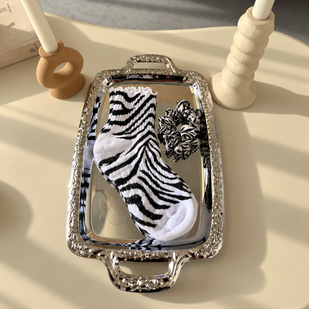 Zebra Grip Sock + Silk Scrunchie Set