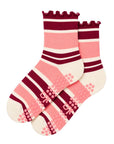Raspberry cream striped grip socks in pink and burgundy with ruffle cuff and non-slip sole