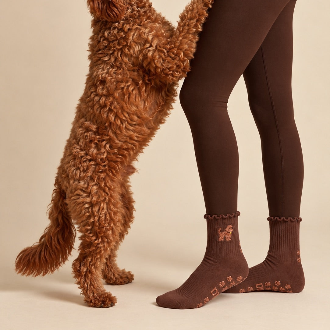 A golden doodle standing on hind legs beside a model wearing leggings and The Doodle Grip Sock, showing the embroidered doodle design and paw-print grip soles