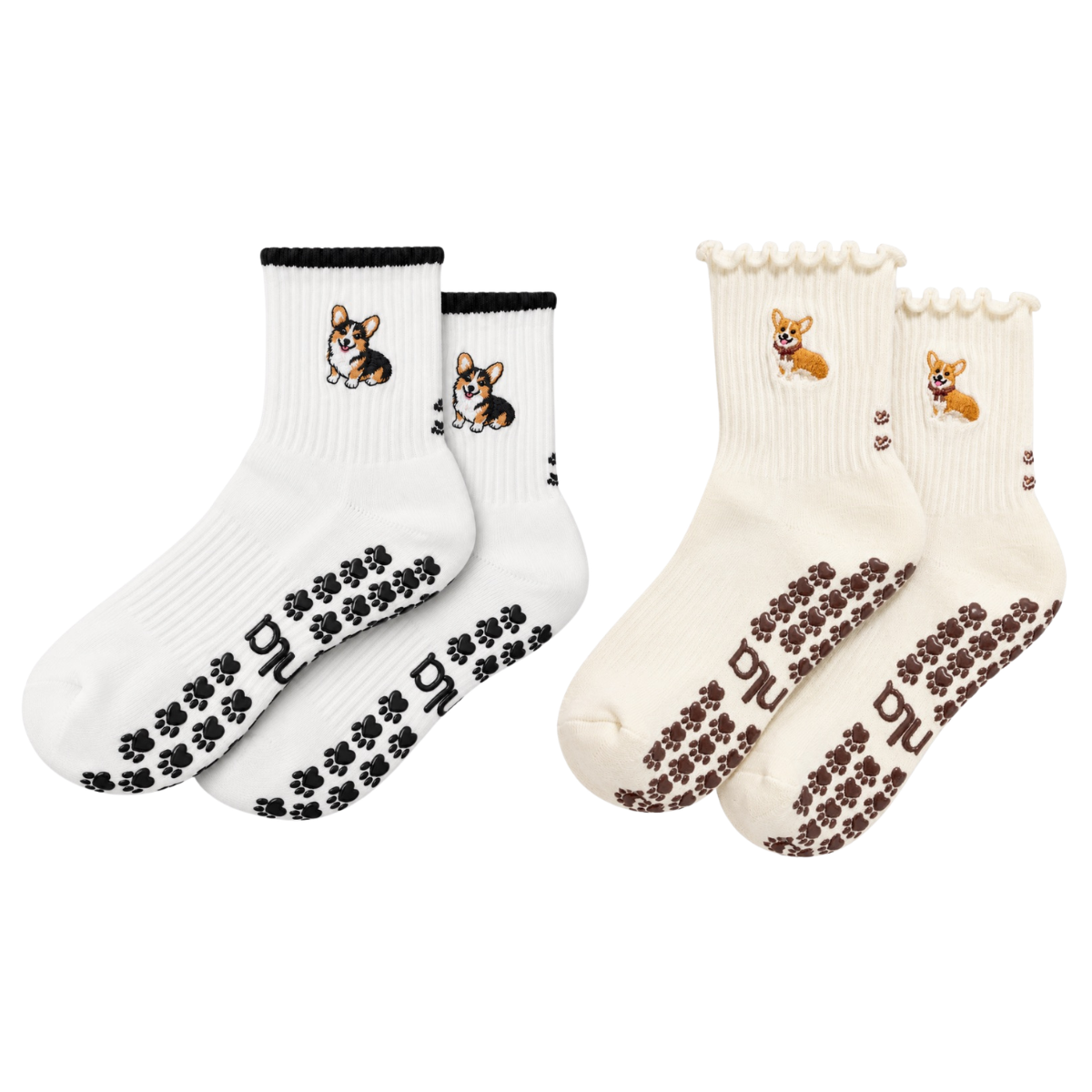 The Corgi Obsessed Duo grip socks flat lay: Tri-Color Corgi sock with black cuff and black paw print grip sole next to the Corgi sock with scalloped cuff and paw print grip sole, both on an oat milk base with embroidered corgi design