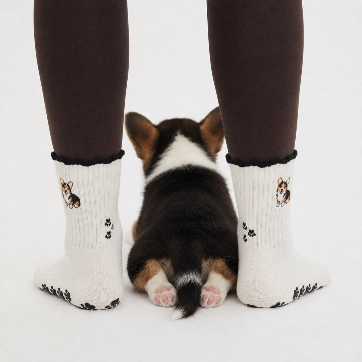 Real tri-color corgi puppy sitting between two feet wearing the Tri-Color Corgi grip socks with black cuffs, embroidered corgi design, and black paw print grip soles