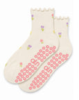 Flower grip socks in cream with multicolor floral print and pink flower-shaped grip sole