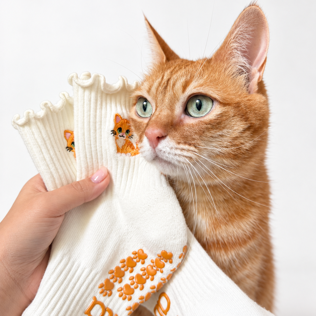 A real orange tabby cat nuzzling a hand holding The Orange Cat Grip Sock, showing the embroidered cat design and paw-print grip sole