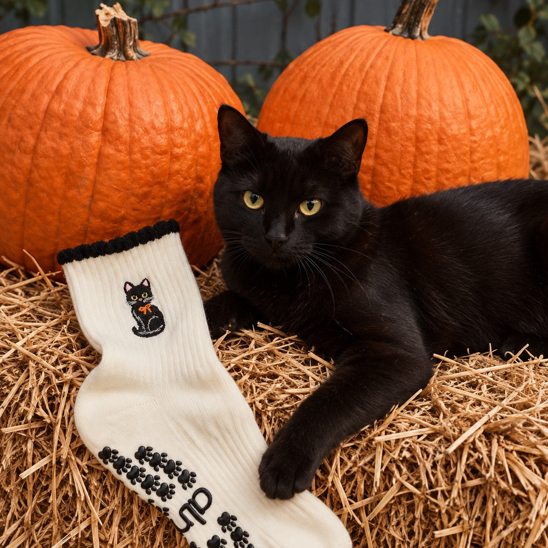 Black Cat Grip Sock on a hay bale next to a black cat and orange pumpkins, a Halloween grip sock gift for cat lovers