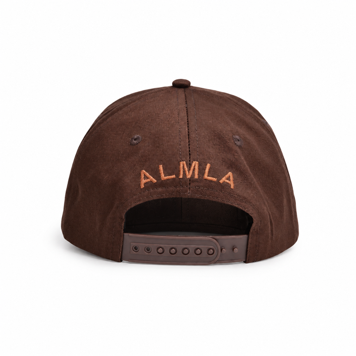 Back view of The Goldendoodle Brown Hat showing tan ALMLA embroidery arched above the adjustable snapback