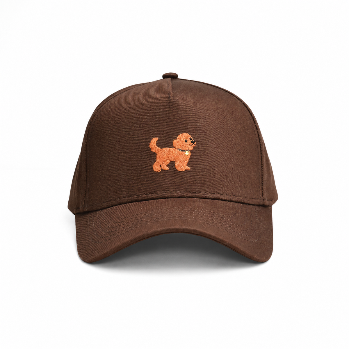 Front view of The Goldendoodle Brown Hat, a rich brown baseball cap with an embroidered goldendoodle