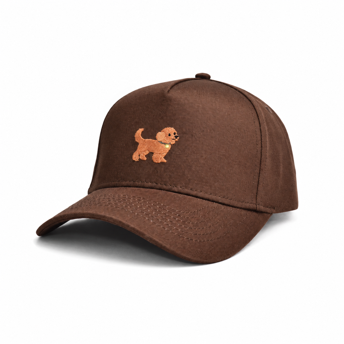 Side angle of The Goldendoodle Brown Hat showing the embroidered goldendoodle and curved brim