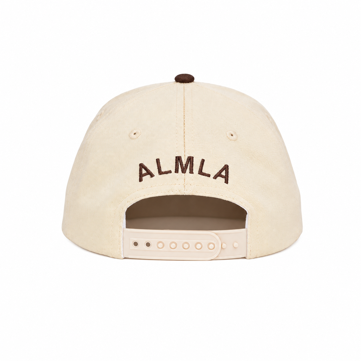 Back view of The Doxie Brown Hat showing brown ALMLA embroidery arched above the adjustable snapback