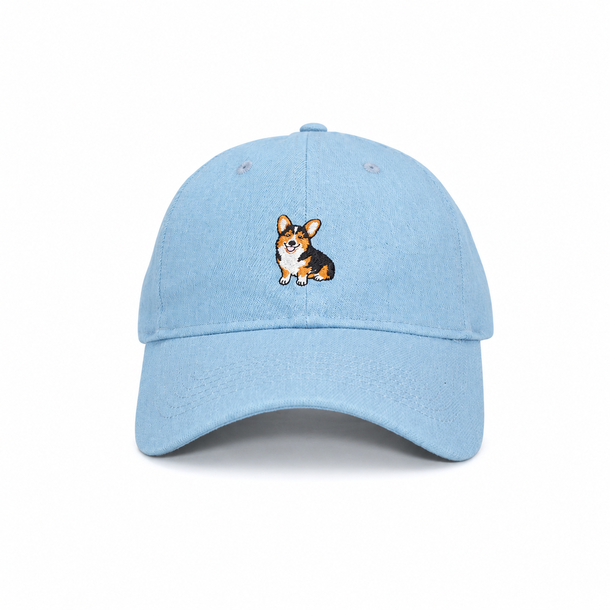 Front view of the Tri-Color Corgi Denim Hat with an embroidered tri-color corgi
