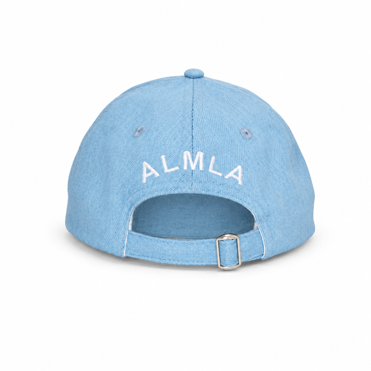 Back view of the Tri-Color Corgi Denim Hat showing white ALMLA embroidery and adjustable buckle strap