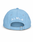 Back view of the Tri-Color Corgi Denim Hat showing white ALMLA embroidery and adjustable buckle strap