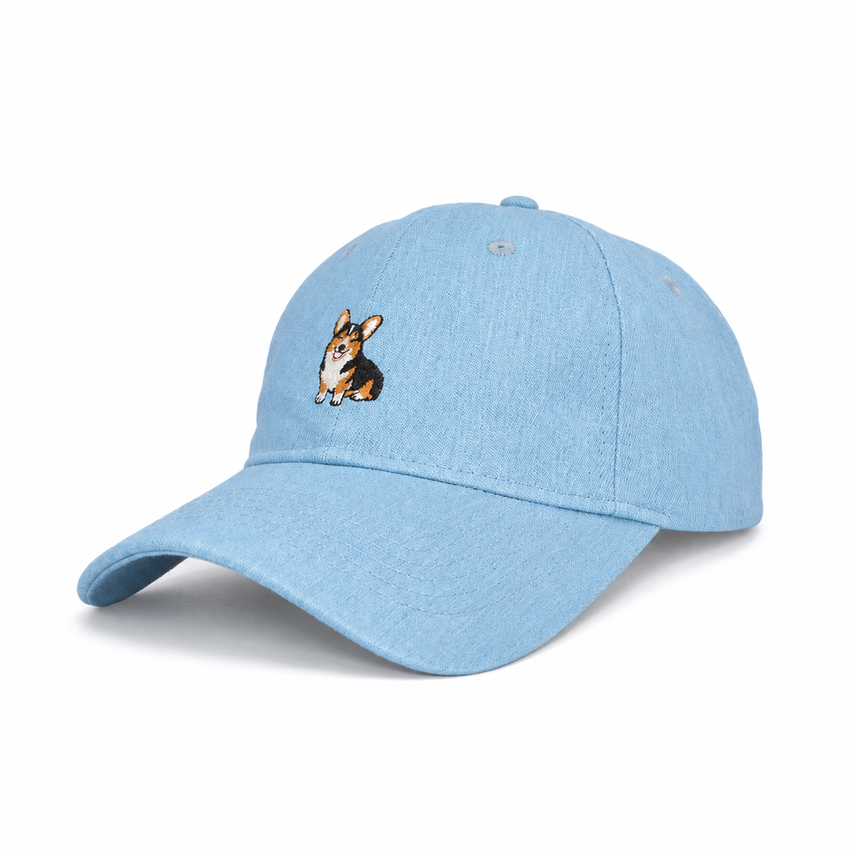 Side angle of The Tri-Color Corgi Denim Hat showing the embroidered corgi and curved denim brim