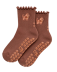 The Doodle Grip Sock in espresso brown with embroidered golden doodle, ruffle cuff, and paw-shaped non-slip grips, laid flat on a white background