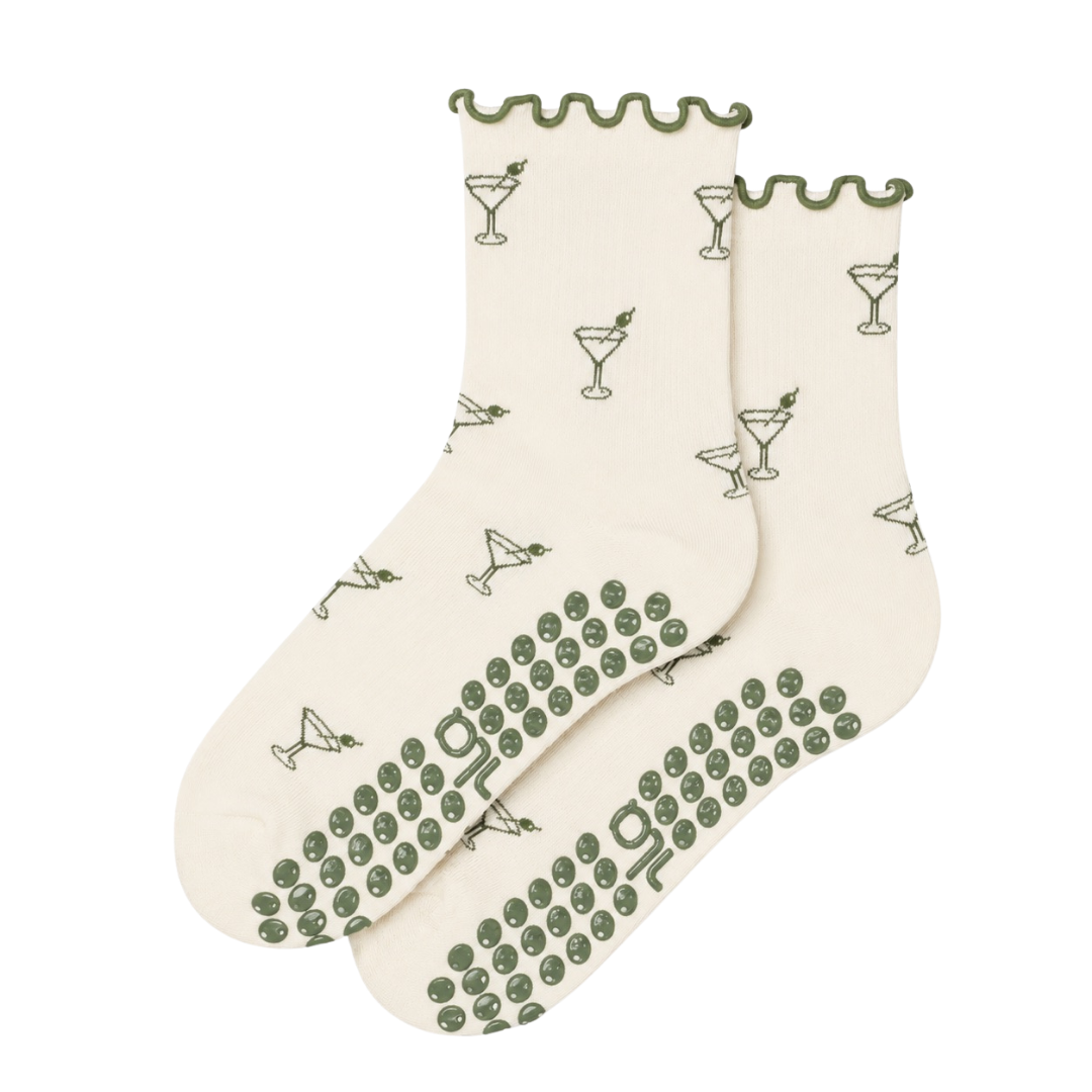 Classic martini grip socks in cream with green martini glass print and non-slip sole