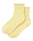 Butter yellow grip socks, ribbed crew with ruffle cuff and non-slip flower grip sole